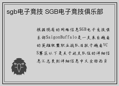 sgb电子竞技 SGB电子竞技俱乐部